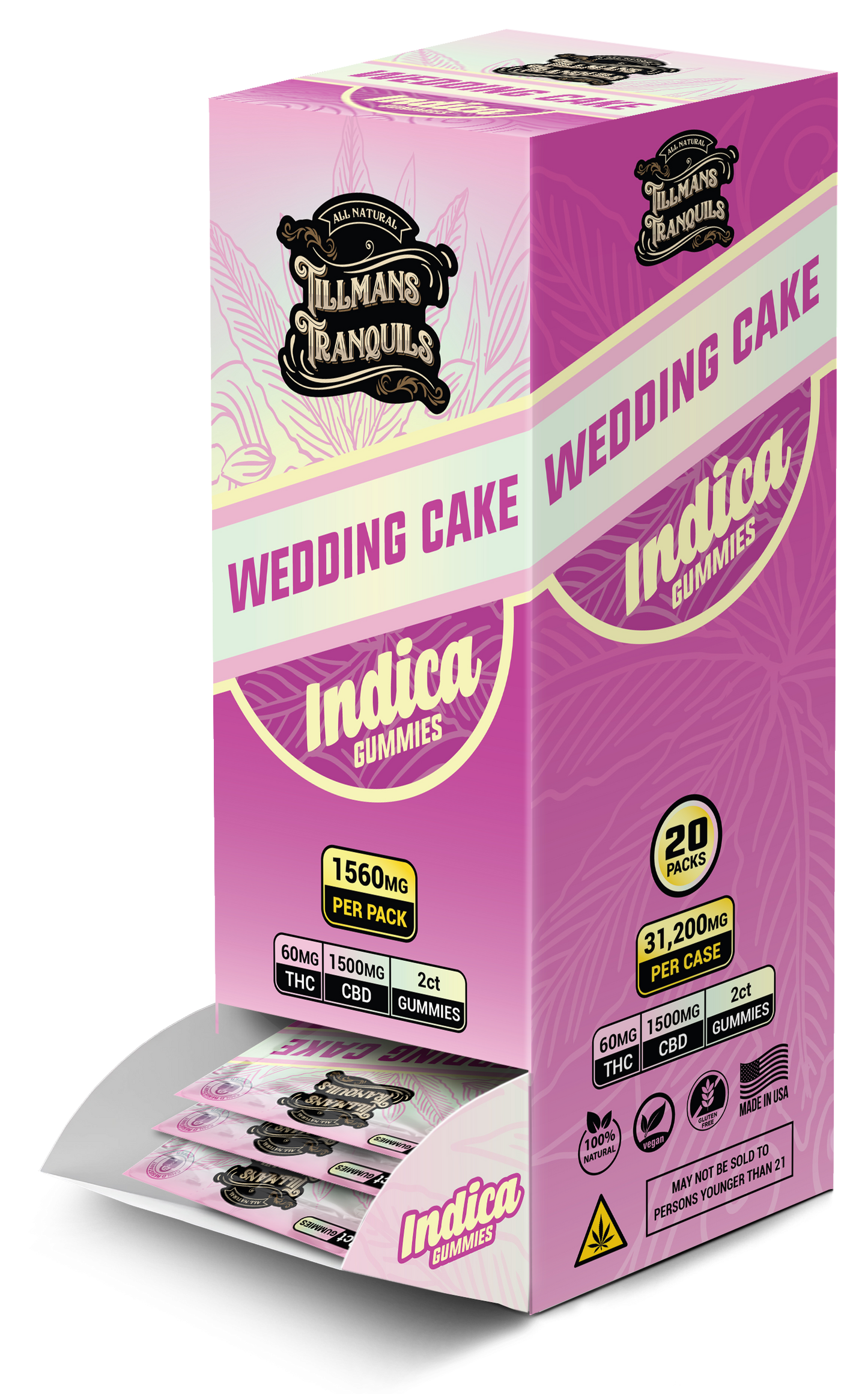 Pink packaging of Indica Gummies with 'Wedding Cake' flavor on a white background