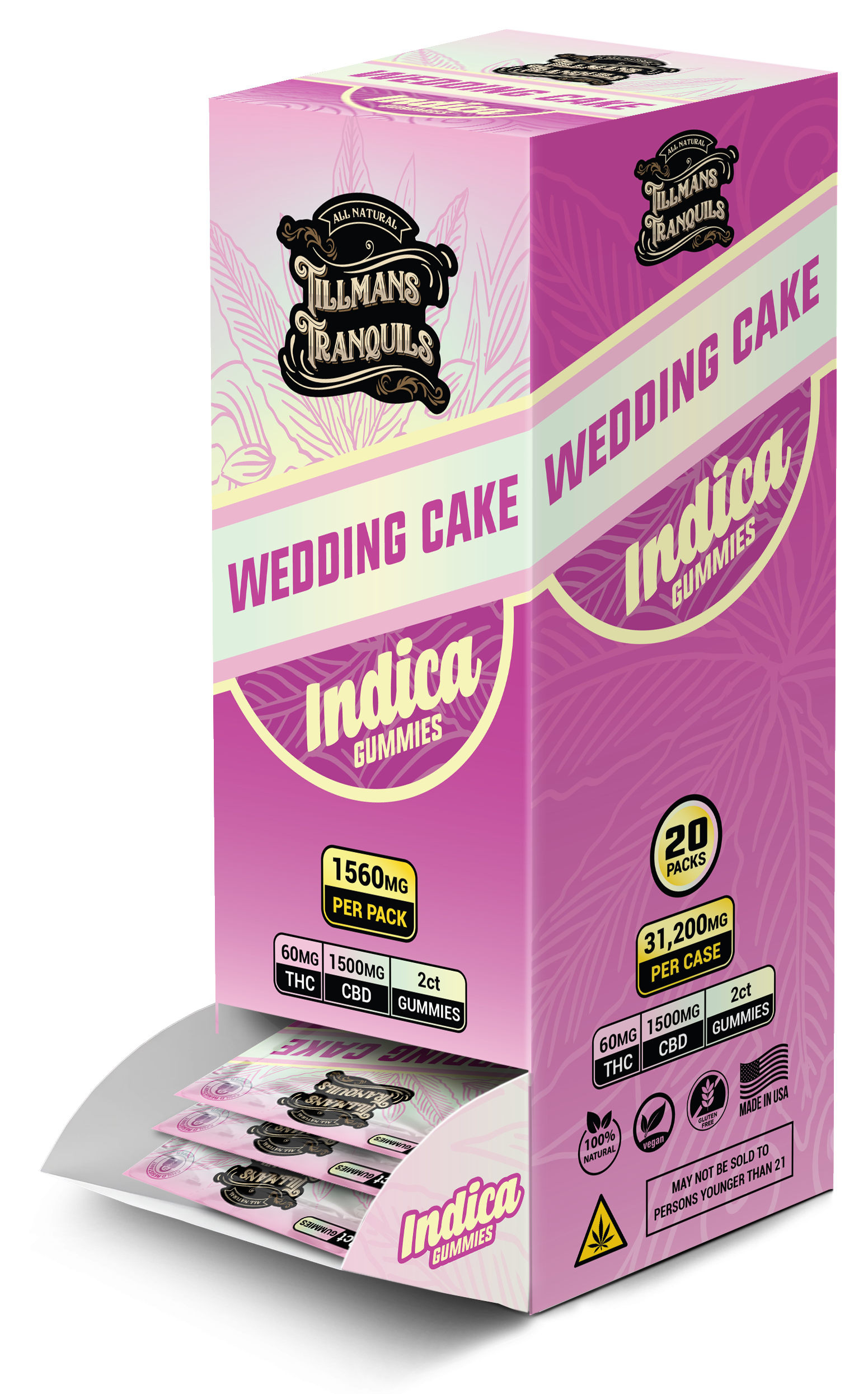 Pink packaging of Indica Gummies with 'Wedding Cake' flavor on a white background