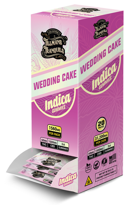 Pink packaging of Indica Gummies with 'Wedding Cake' flavor on a white background
